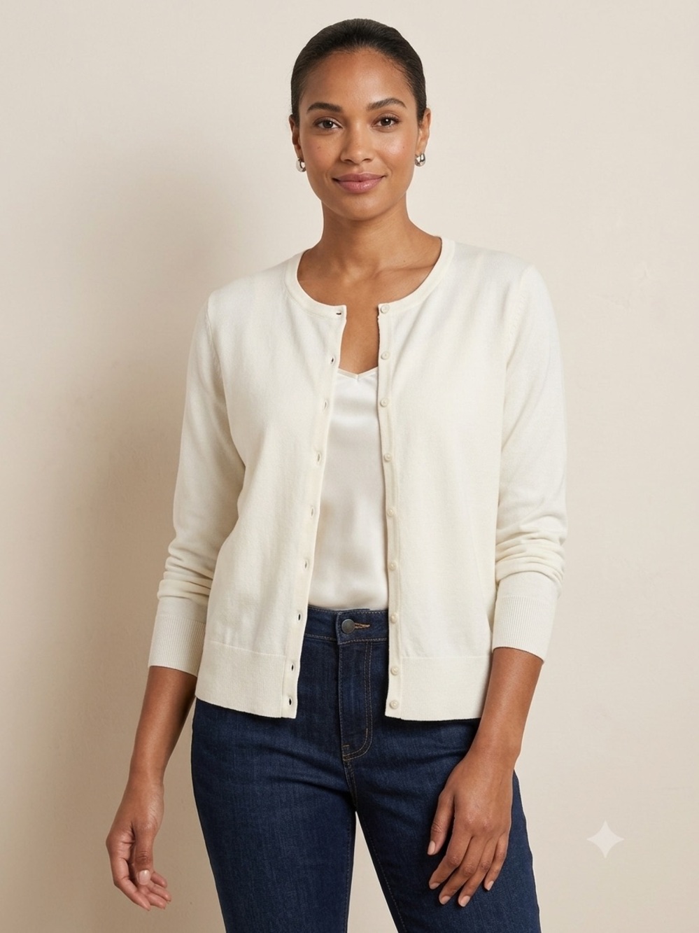 Vintage Chadwicks Silk Blend Ivory Cream Crewneck Button Down Cardigan Women’s